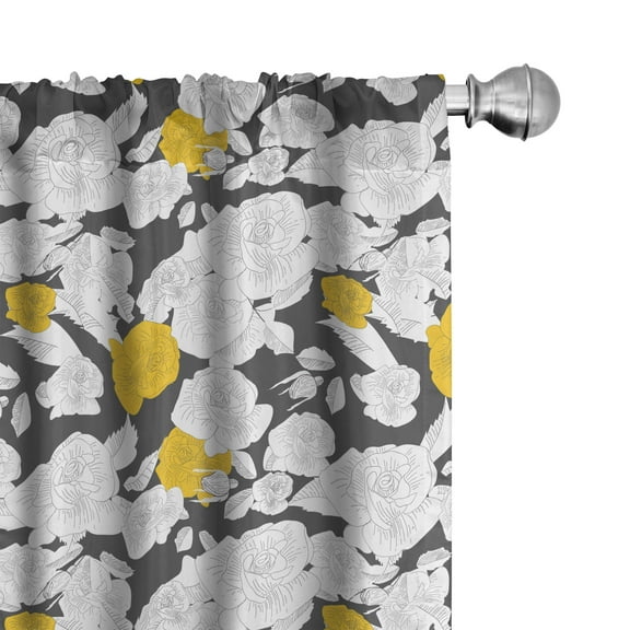 Ambesonne Rose Curtains, Hand Drawn Blossoms, Pair of 28"x95", Charcoal Grey Yellow