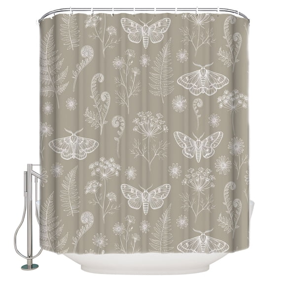 Beige Butterfly Botanical Bathroom Shower Curtains with 12 Hooks Polyester Waterproof Shower Curtain for Stalls and Bathtubs Summer Plants Line Art Decorative Bathroom Privacy Curtain 72x78 Inches