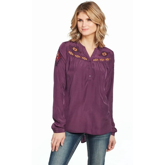 Cowgirl Up Womens Purple Rayon Geometric Henley Blouse L/S L