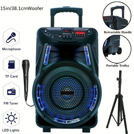 Portable Bluetooth Speaker with Stand, 8" 12" 15" Subwoofer, Heavy Bass PA System, TWS, FM, AUX, LED Lights, Mic, Tripod, Handle, for RV Car Truck Karaoke, Rechargeable