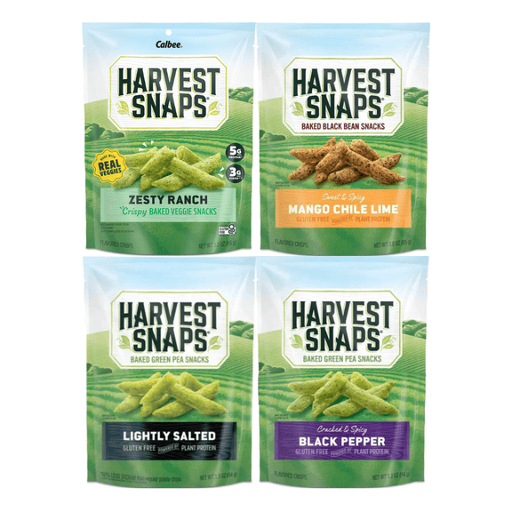 Variety Pack Harvest Snaps Veggie Chips - 4 Delicious Flavors (Zesty Ranch, Mango Chili Lime, Lightly Salted, Black Pepper) - Gluten-Free, Low-Calorie, Plant-Based Snack, 4-Pack