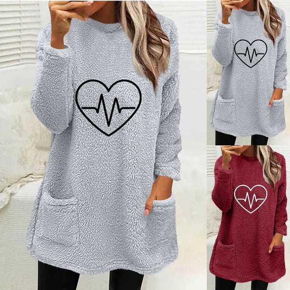 Feancey Ladies Thermal Fleece Tops Dressy Trendy Heart Print Crewneck Pullover Fuzzy Long Sleeve Christmas Sweatshirts Winter Warm Loungewear with Pockets Gray XXL
