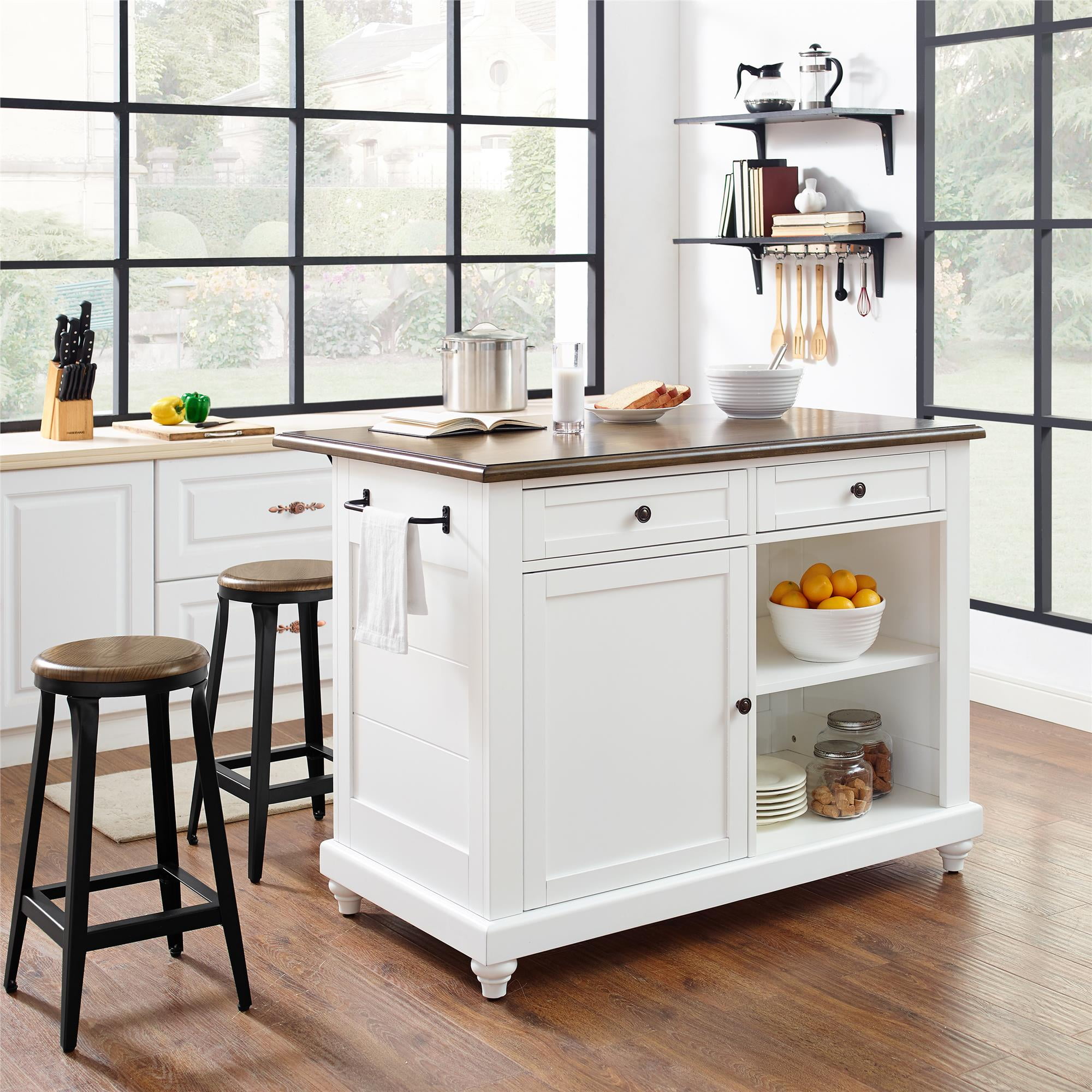 DHP Kelsey Kitchen Island with 2 Stools and Drawers, White - Walmart.com