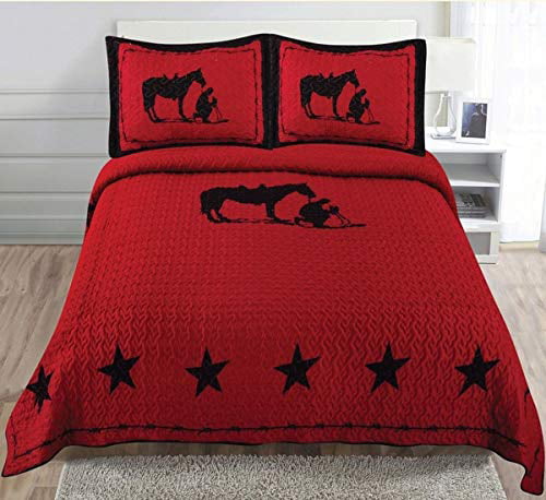 Texas Rustic Cowboy Horse Star Western Quilt Bedspread Comforter Shams 3 Pc Set! 