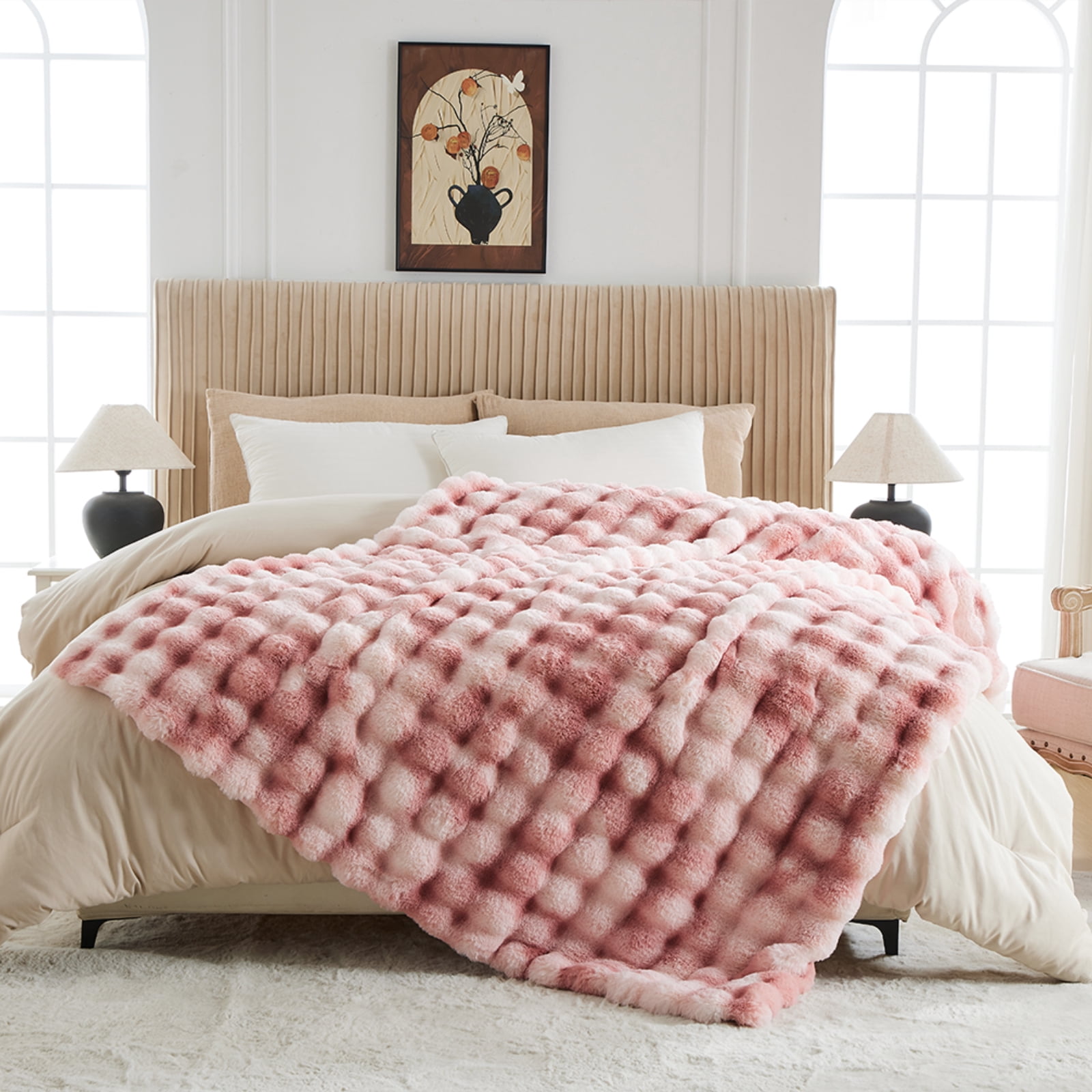 GEMBED Faux Fur Throw Blanket for Couch Fuzzy Soft Plush Thick Bubble Blanket for Living Room, 60x80 inches, Tie Dye Pink
