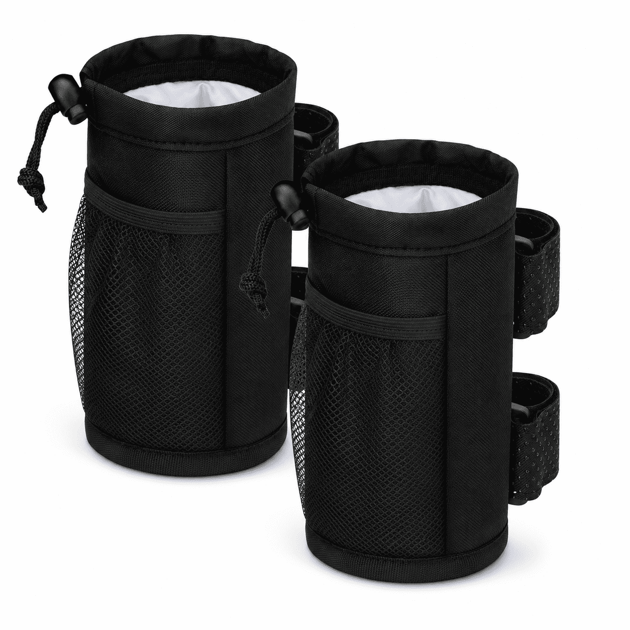 IULAVP Bike Water Bottle Holder, 2 Pack Bicycle Cup Holder with Mesh Pocket and Adjustable Straps, Universal Drink Cup Cage for Kids Adult Bikes, Scooters, Wheelchairs, Cruisers and Walkers