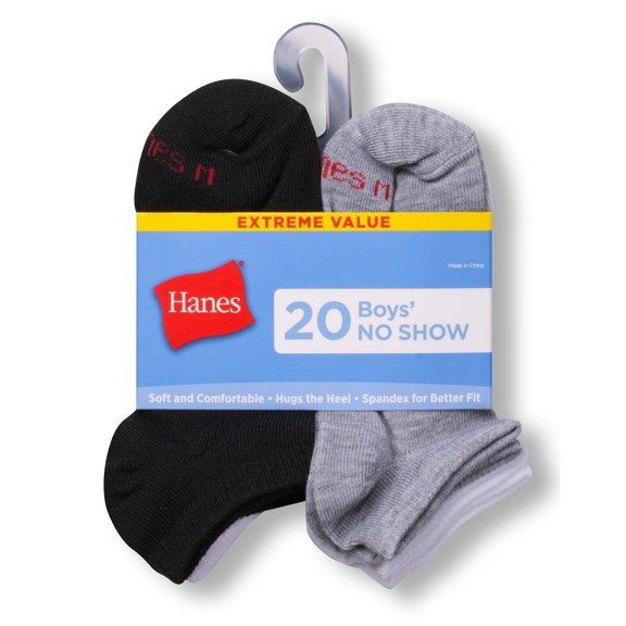 Hanes Boys' No Show Socks, Super Value Pack, 20-Pairs Assorted L