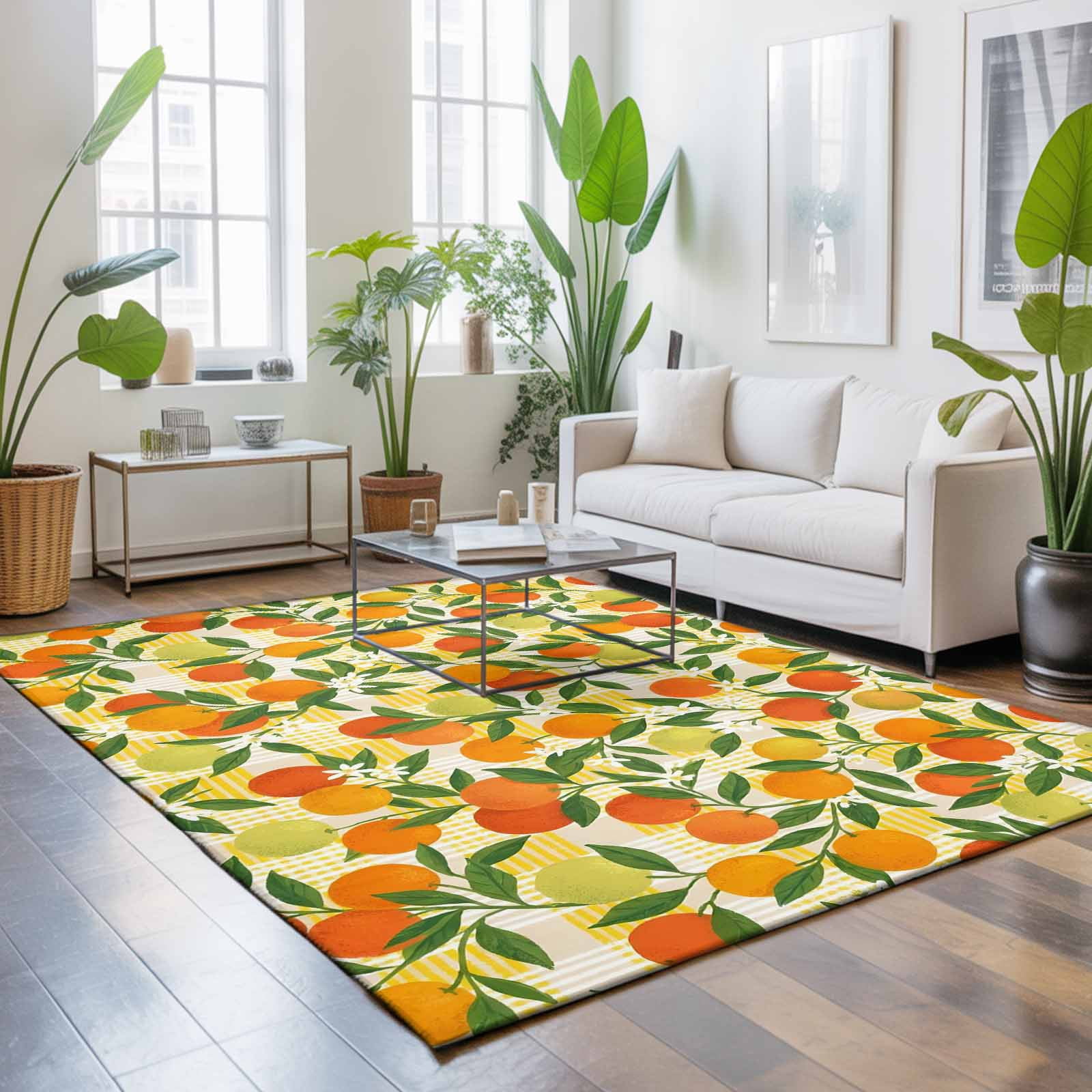 Large Area Rugs 5'x8', Green Orange Carpet Runner Indoor Outdoor Rugs Home Decor Aesthetic, Summer Botanical Leaves Watercolor Checkered Non Slip Mats Washable Accent Rug for Living Room Bedroom
