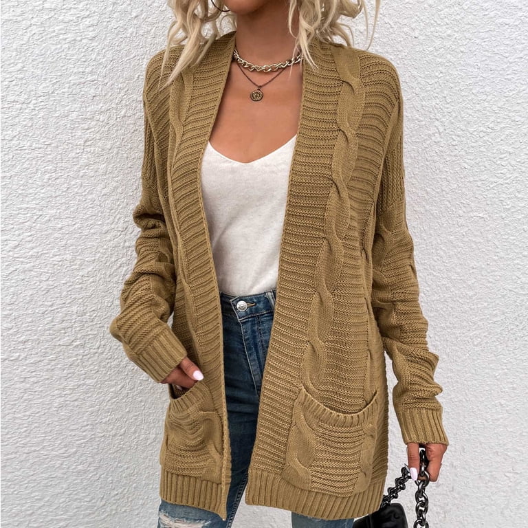 Trendy Cable Knit Long Cardigan for Women Solid Open Front Long
