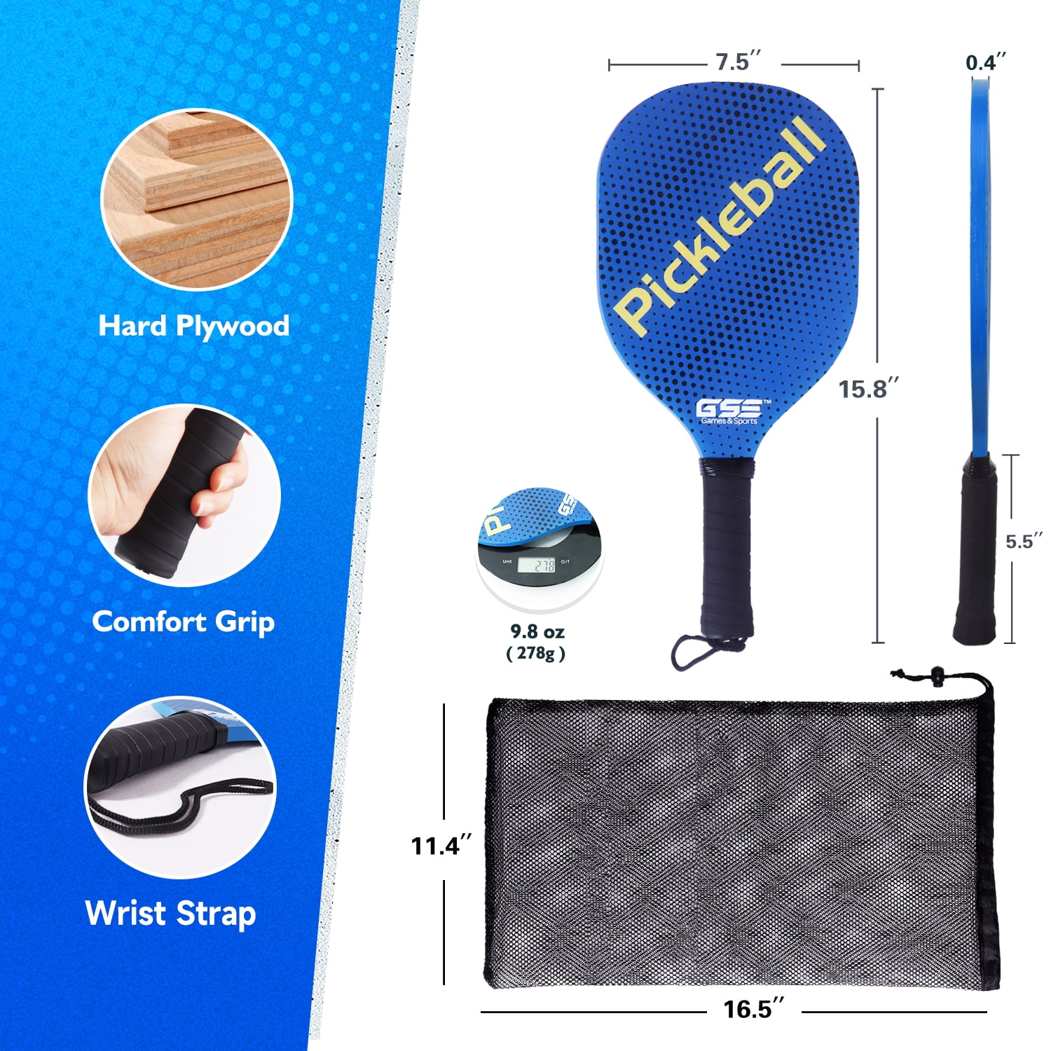 GSE Games & Sports Expert Hardwood Pickleball Paddle Set, Lightweight Pickleball Rackets with Pickleball and Carry Bag. Great for School, Community Center, Athletic Club - 4 Paddles / 6 Balls