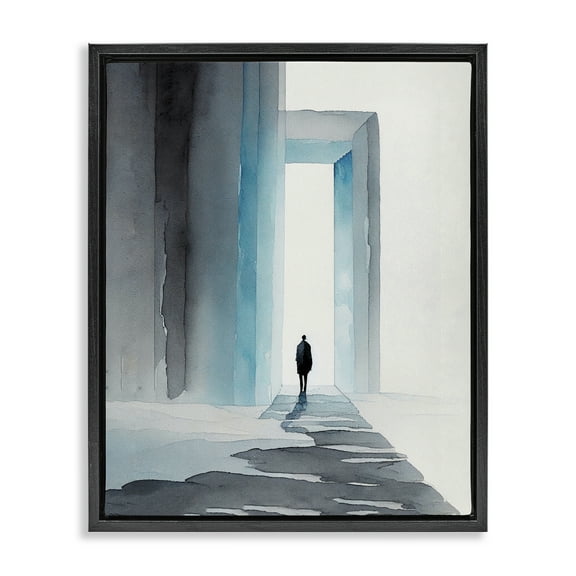 Stupell Industries Person with Snowy Doorway Landscape Painting Black Floater Framed Canvas Art Print Wall Art, 17 x 21