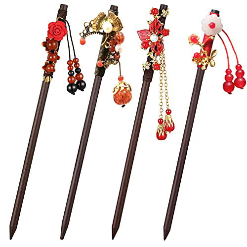 4 Pieces Japanese Chinese Hair Sticks Accessories, Long Hair Pin, Flower  Hair Chopsticks for Women, Vintage Handmade Wood Flower Hairpin -  