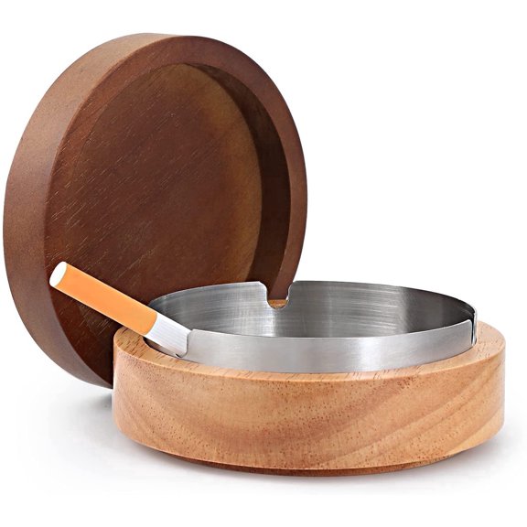 Ashtrays for Cigarettes Smokeless Ash Tray with Stainless Steel Liner Windproof Wooden Ashtray with Lid for Home Office Tabletop Outside Patio