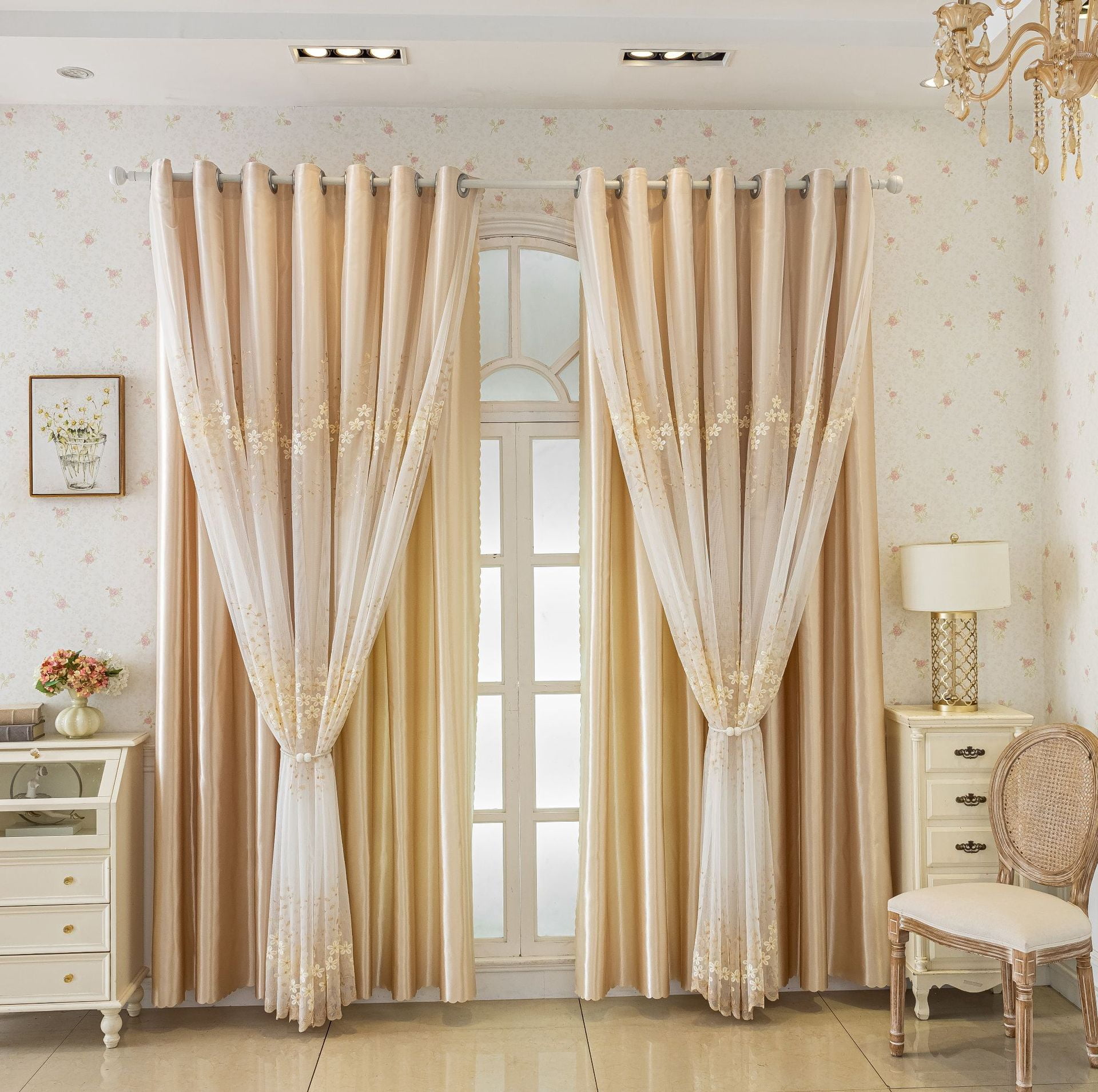 Sunyuer 2 Panels Luxury Embroidery Double Layer Blackout Curtains for Living Room Bedroom European Floral Darkening Curtains Beige 2 Layers Curtains with Lace Valance Grommet