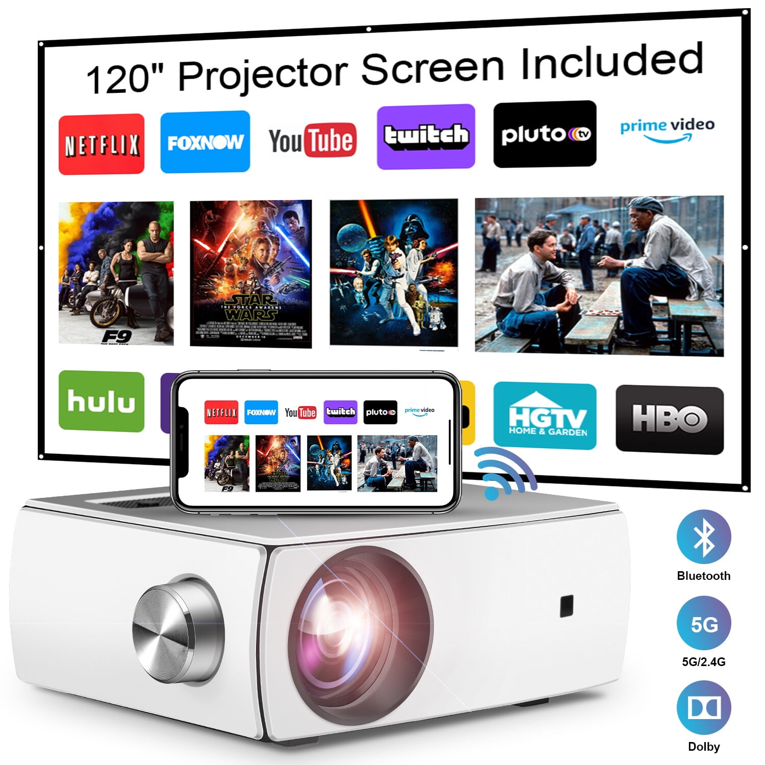 Projector with 120 Inch Projector Screen, 5G WiFi Projector, Full HD Native  1080P Projector, Compatible with 4K Smartphone TV Stick HDMI VGA USB TF