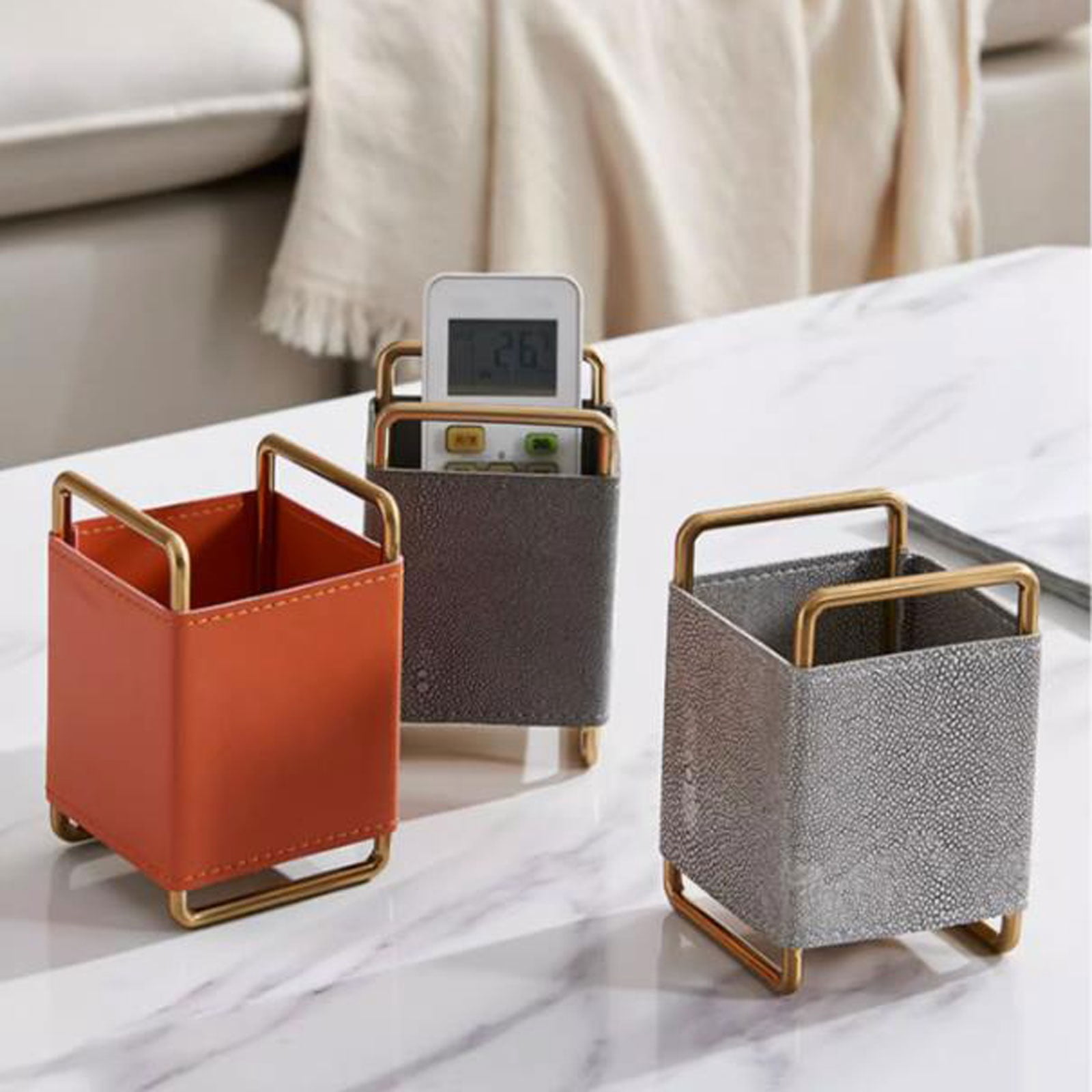 Modern Leather Desk Organizer Remotes Caddy Tabletop Desktop Office Supplies Desk Accessories Holder, Remote Control Storage Box, Pen Holder Desktop Decoration
