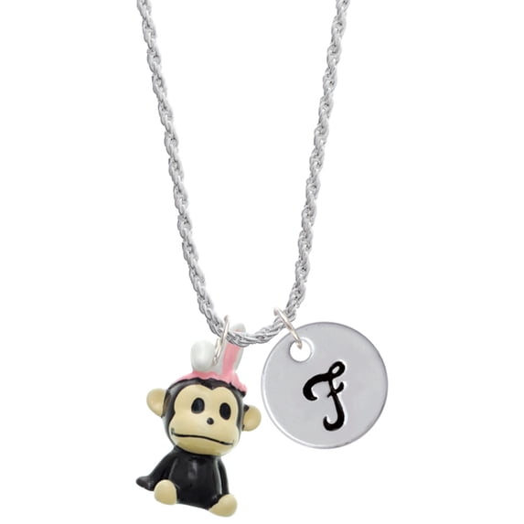 Delight Jewelry Resin Monkey with Bunny Ears Silvertone Script Initial Disc - F - Charm Necklace, 20"+3"