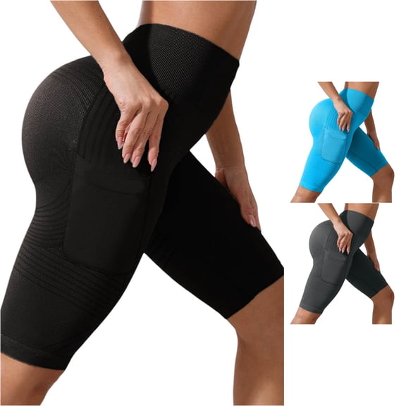 xfsWaSs Biker Shorts for Women High Waist Yoga Shorts Knee-Length Workout Gym Shorts with Pocket Soft Stretchy Running Athletic Shorts