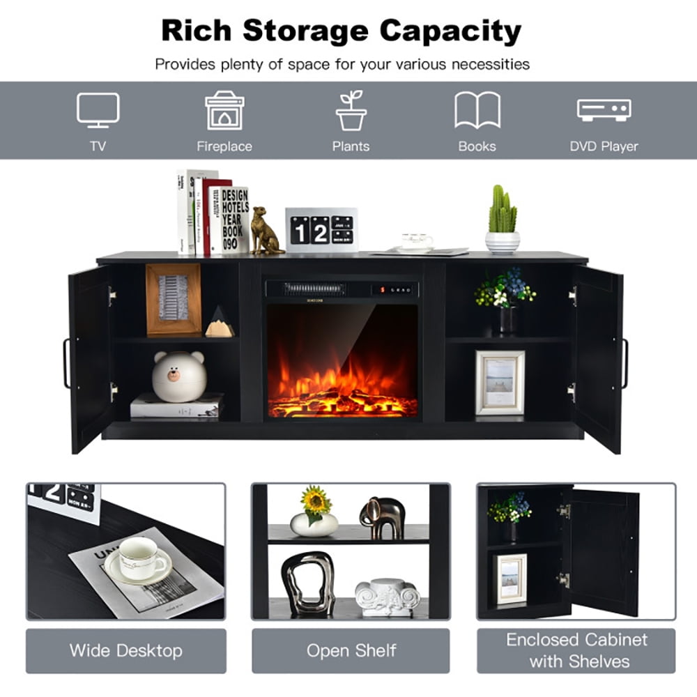 Finihen TV Stand, TV Cabinet, 58 Inch TV Stand with 1500W Faux Fireplace for TVs up to 65 Inch, Media Entertainment Center with Storage, for Living Room, Bedroom, Black