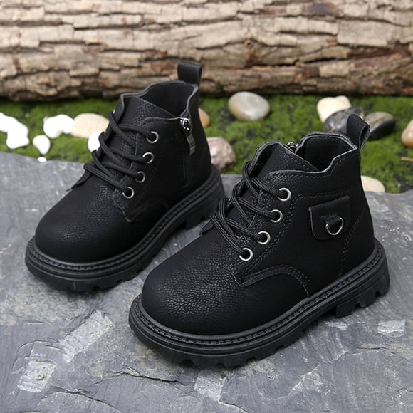Mevxay Toddler Boys Girls Boots Hiking Ankle Boots Outdoor Waterproof Kids Work Boots Winter Snow Boots Lace Up Zipper Booties Black 2.5-3Years