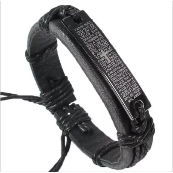 HOOUN Men Leather Stainless Steel Bracelet Bible Verse Jesus Cross Plate 0866-Black