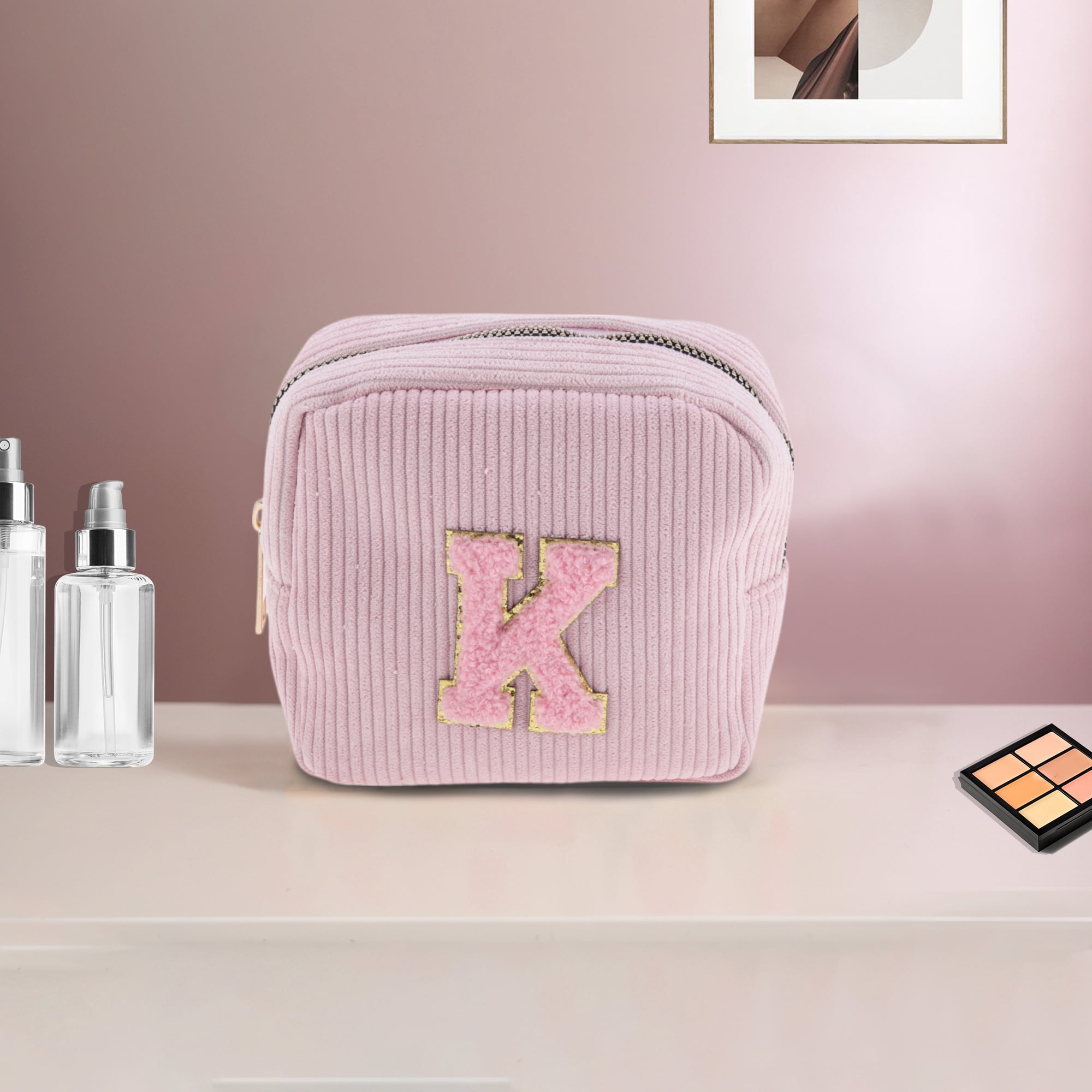 Unique Bargains 1 Pc Letter K Pattern Makeup Bag for Travel for All Occasions Pink