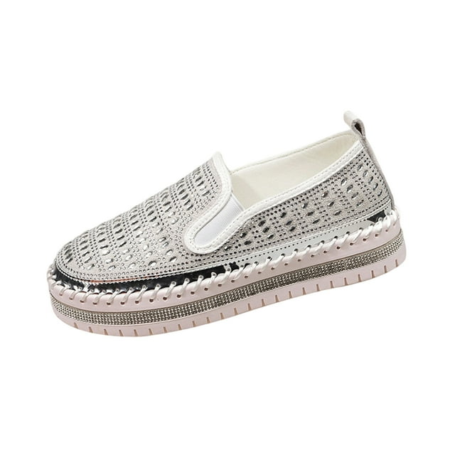 Mocassins Argentés pour Femmes, Confortables, avec Détail en Strass et Bout Rond, pour Tenue Décontractée et Style Polyvalent