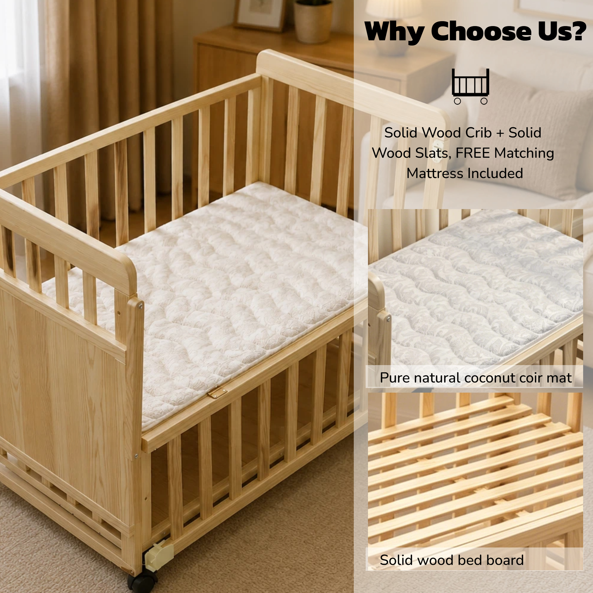 Mintazer Convertible Kids Crib with Changing Station & Height Adjustable, Bedside Bassinet with Lockable Wheels for Newborn Toddler, Natural (Mattress Included)