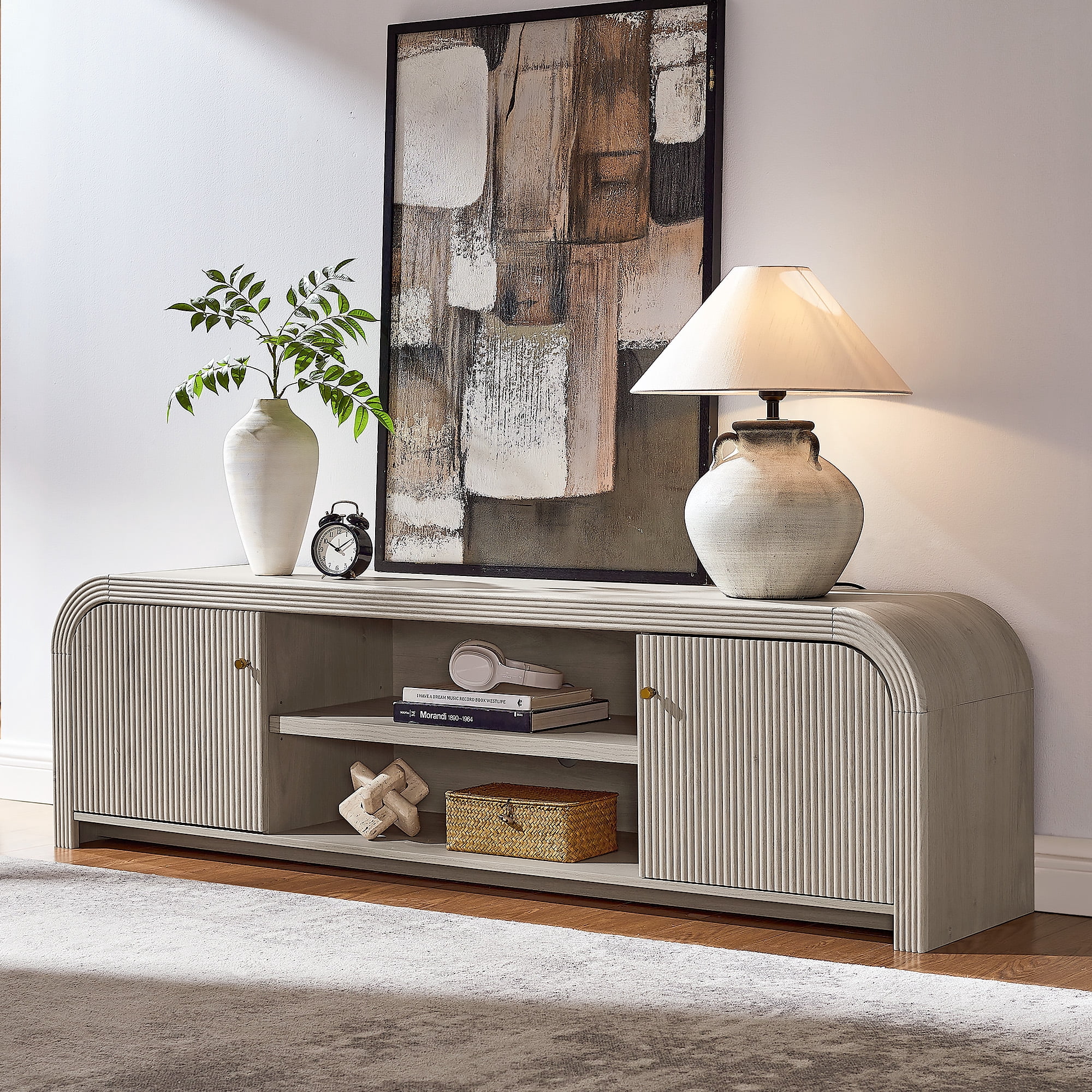 KeyWhat Fluted TV Stand for TVs Up to 80", Storage Cabinet & Open Shelf, Rounded Corners