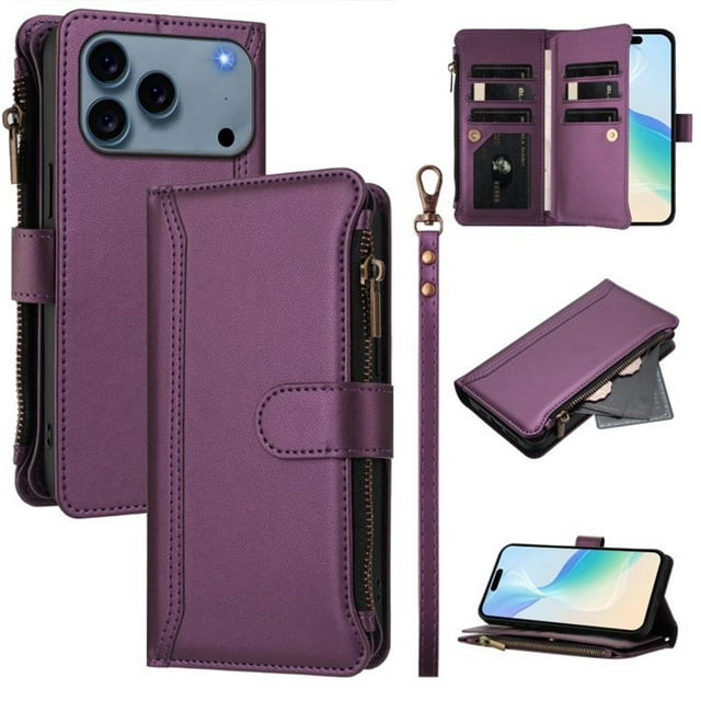 For iPhone 17 Pro Max Wallet Phone Case-PU Leather Magnetic Flip Cover with 9 Credit Card Slots,Zipper Pocket & Detachable Wrist Strap,Shockproof,Purple,For iPhone 17 Pro Max