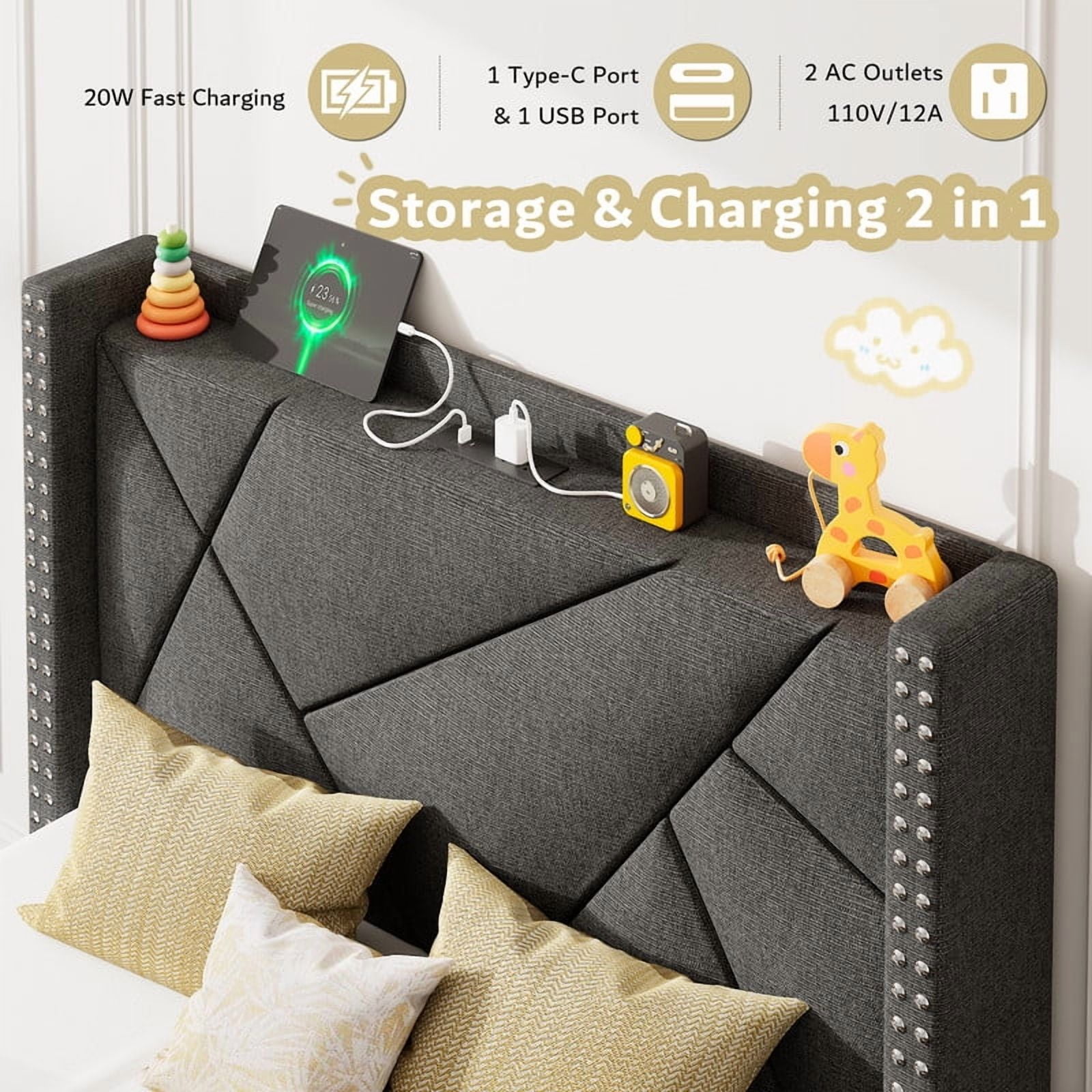 iPormis Twin Bed Frame with Charging Station & Wingback Upholstered Headboard, Platform Bed with 4 Storage Drawers , Solid Wood Slats Support, No Box Spring Needed, Dark Gray