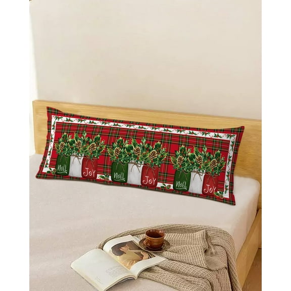 Christmas Throw Pillow Cover,Winter Holly Berry Pine Cone Red Green Plaid Rectangle Decorative Pillow Case Protector Soft Cushion Cover Lumbar Pillowcase for Couch Sofa Bedroom Car Decor 20x54 Inch