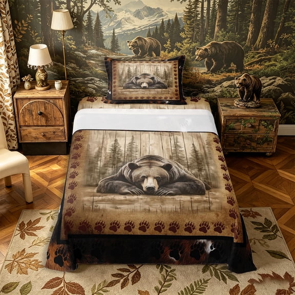 Castle Fairy Jungle Bear Twin Sheets 3pcs for Teens,Western Vintage Cow Print Bedding,Brown Black Cream,1 Fitted Sheet, 1 Flat Sheet and 1 Pillowcase