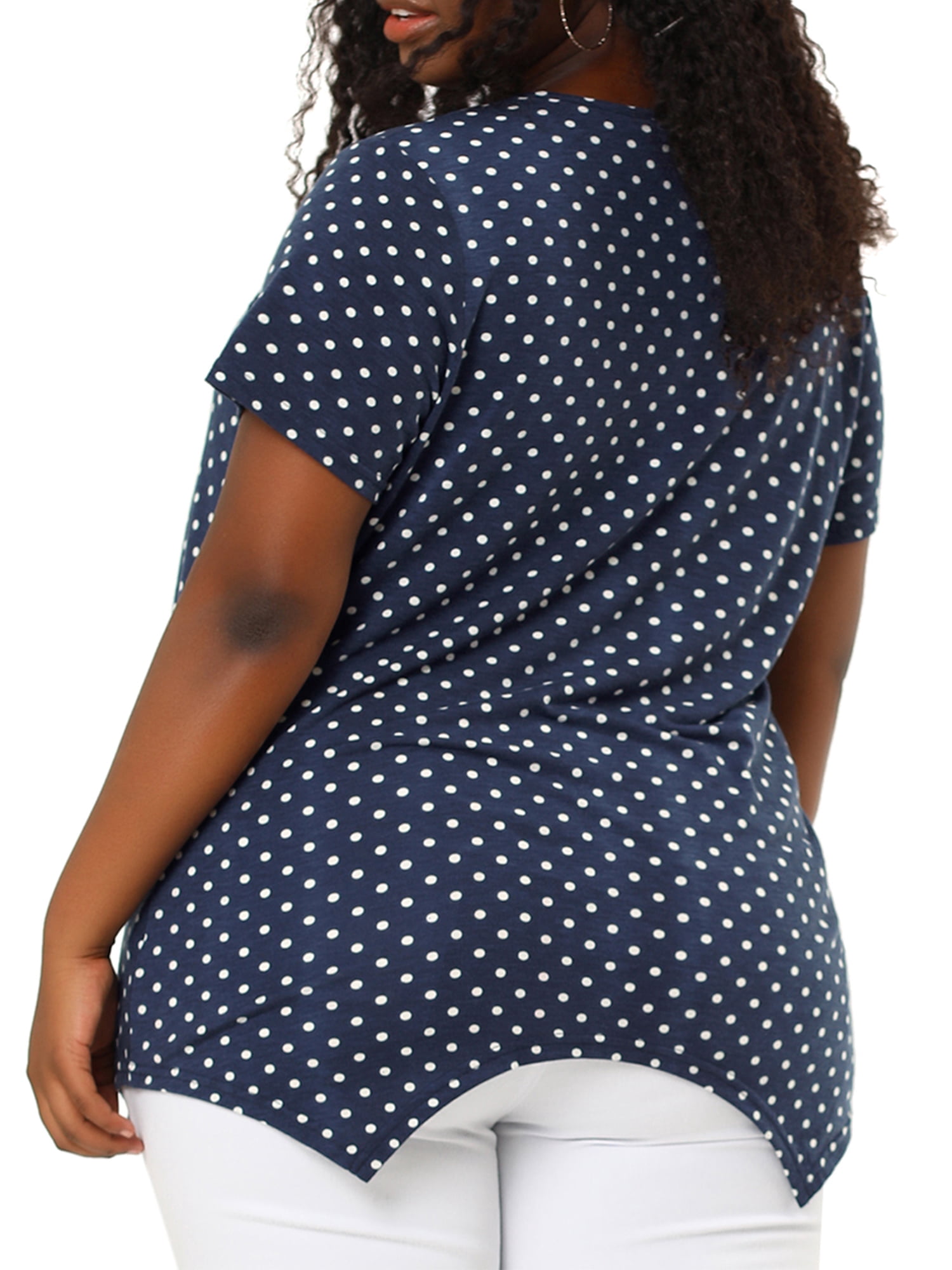 Unique Bargains Women's Plus Size V Neck Pintuck Short Sleeve Polka Dots Top 2X Blue