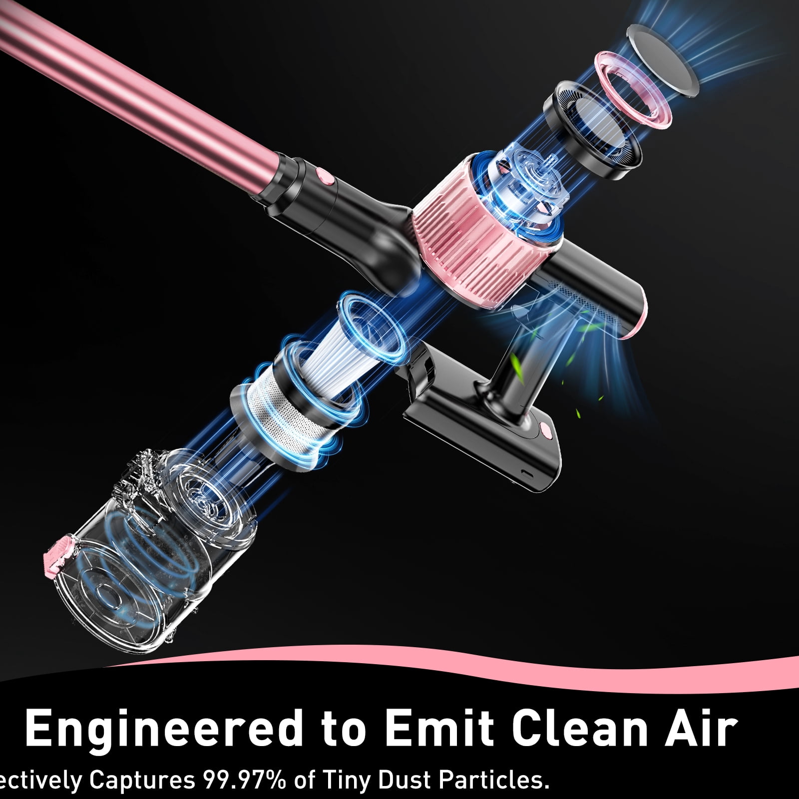 A27 Cordless Vacuum Cleaner, Stick Vacuum with Powerful Suction, Hose, Green LED Light, Anti-Tangle Brush, Lightweight Rechargeable Vacuum Cleaner for Home, Hardwood Floors, Carpets,Pink