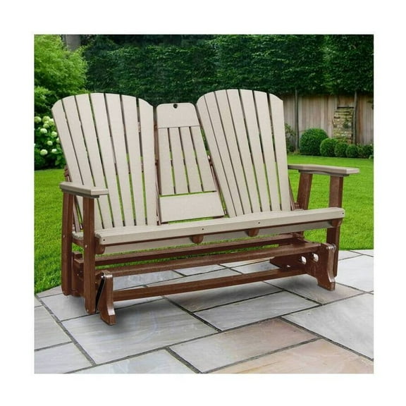 Outdoor Glider Bench - 2 Seat Fan Back with Table & Cup Holders - Weatherwood Finish