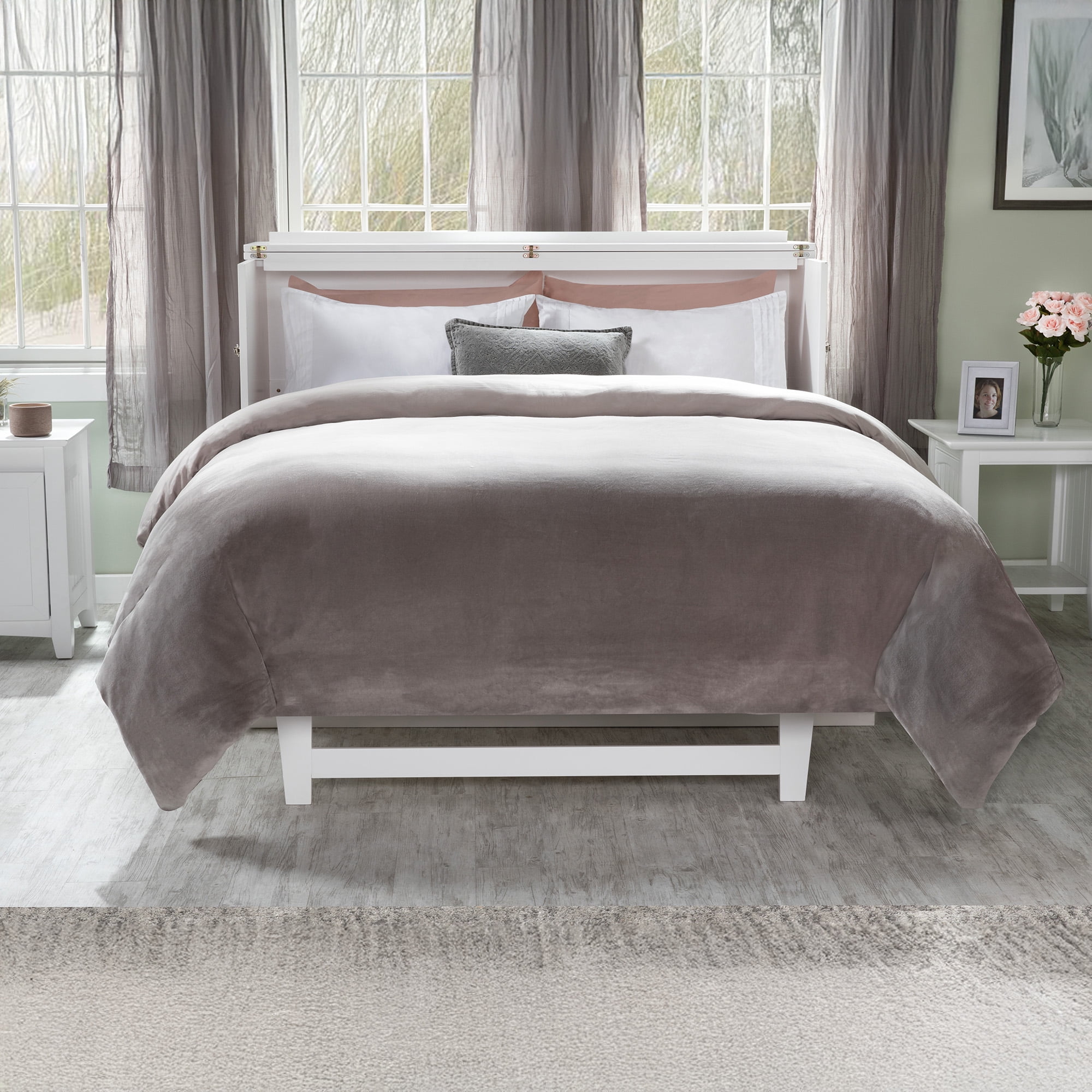 AFI Deerfield Queen Solid Wood Murphy Bed Chest with Mattress, Drawer & Charger in White