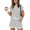 thumbnail image 6 of Mifsaly Womens Striped Lounge Set Short Sleeve Crewneck Top and High Waisted Casual Shorts with Pockets Everyday Wear Summer Vacation Outfits White,XL, 6 of 9