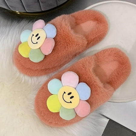 

CoCopeaunt Lovely Sun Flower Women Slippers Winter Bedroom Warm Fuzzy Fluffy Flat Shoes Home Slippers Baotou Lazy Thick Fur Slides