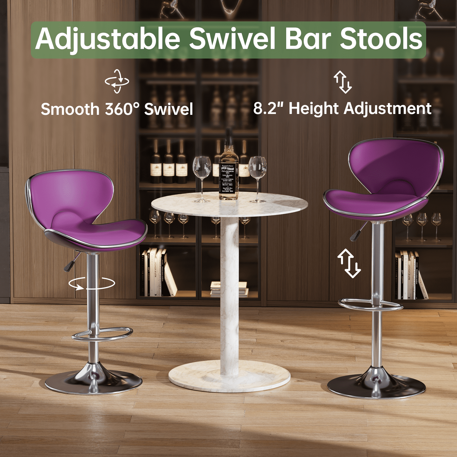 Bar Stools Set of 2, Adjustable Swivel Barstools, Modern PU Leather Counter Height Stools with Back and Footrest for Island, Dining, Bistro, Pub (Purple)