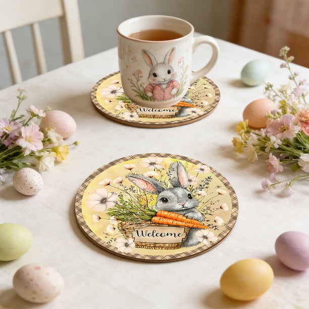 CaiYueKe Easter Bunny Wooden Coasters Heat Resistant Cup Mats for Dining Table Kitchen Decor Insulating Drinkware Protectors Cute Spring Home Decorations