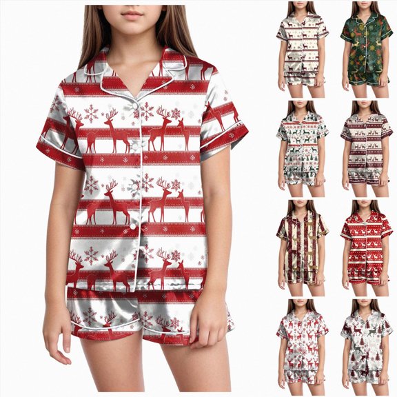 sdbrld Girls Christmas Pajamas Button Up Top & Shorts Matching Pjs Set Kids Sleepwear Set Xmas Gift for Children Sizes 8-9 Years