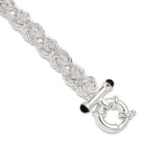 8.7mm 925 Sterling Silver Polished Black Simulated Onyx Rounded Byzantine Chain Bracelet 8 Inch Link Bracelet for Women