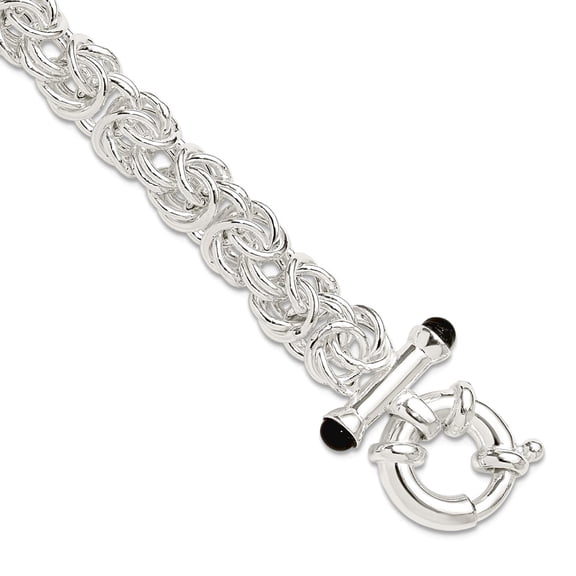 8.7mm 925 Sterling Silver Polished Black Simulated Onyx Rounded Byzantine Chain Bracelet 8 Inch Link Bracelet for Women