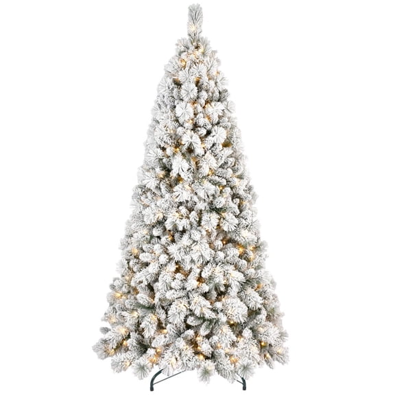 8Ft Prelit Flocked Artificial Christmas Tree, Slim Snowy Spruce Tree, 1445 PVC/Hard Needle Mixed Branch Tips with 600 Warm White Lights, Include Stand Green