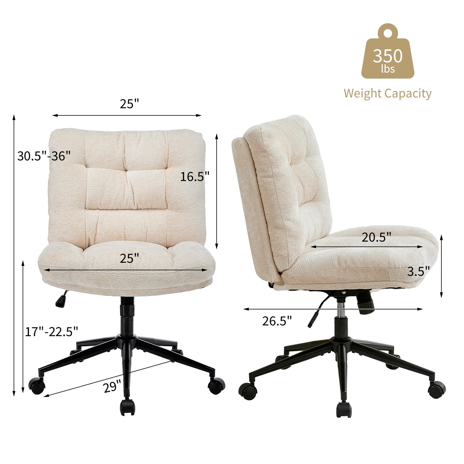 Soft Chenille Cross-Legged Office Chair,Wide Seat Armless Desk Chair with Double Cushion, Swivel Adjustable Vanity Chair for Bedroom, Home Office, White,EliteEdge