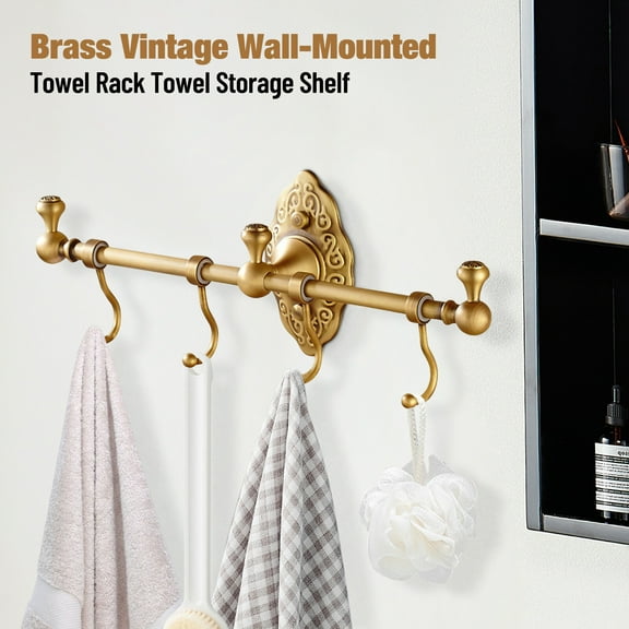 Vintage Towel Storage Shelf Brass Towel Bar Holder Wall-Mounted Rack W/ 4 Hooks For Bathrooms, Balconies, Toilets, Spas, Hotels
