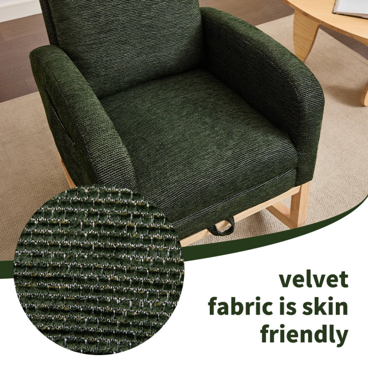Modern Accent Rocking Chair Rocking Chair with Solid Wood Legs, Upholstered Nursery Glider Rocker, Comfy Armchair with Side Pocket, Living Room Lounge Arm Chair with High Backrest fabric BN.7336