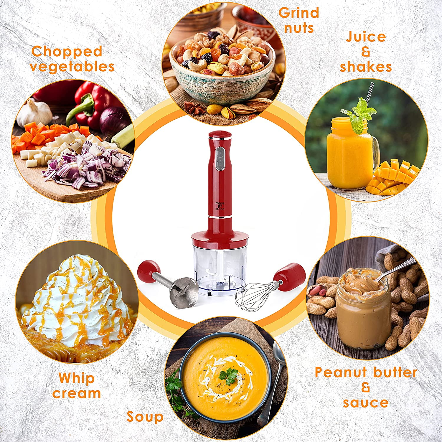 Moss & Stone Electric Smart Stick Hand Blender Set with Egg Whisk & Chopper, Ergonomic Handle (Red)