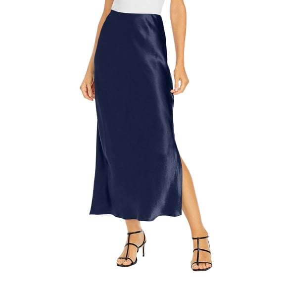 Women’s Satin Midi Skirt High Waist Side Slit Elegant Straight Fit Skirt Lightweight Silky Fabric Suitable for Daily Wear Dark Blue XL